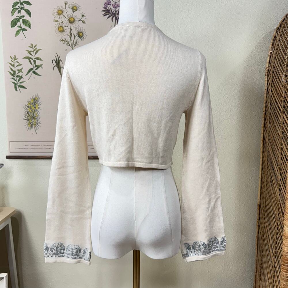 Y2k Silk Cashmere Embroidered Sequin Tie Front Cardigan Coquette Dolly Fairy S - Picture 6 of 9